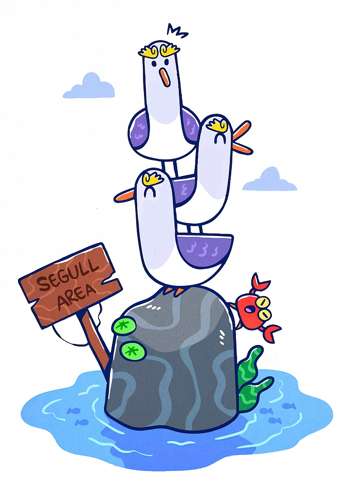 Stack of Seagulls and Crab