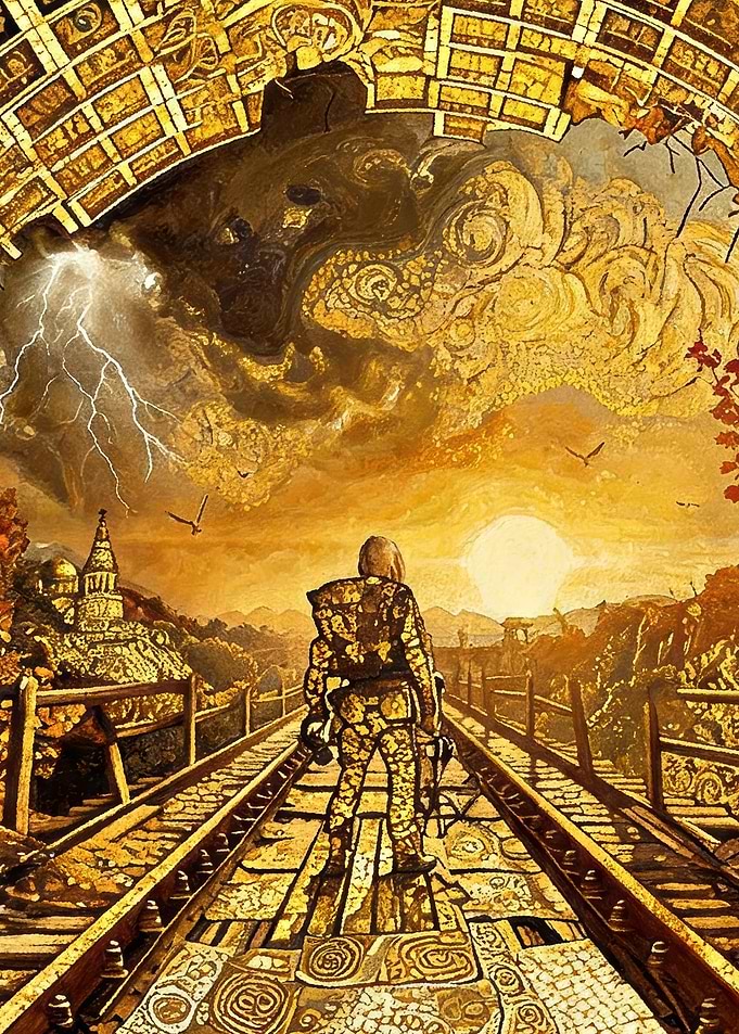 Figure on Train Tracks Under Golden Sky