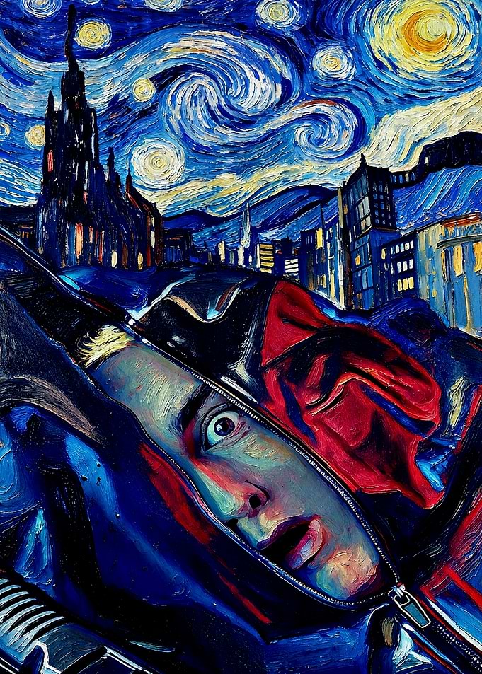 Surreal Starry Night Cityscape with Zippered Face