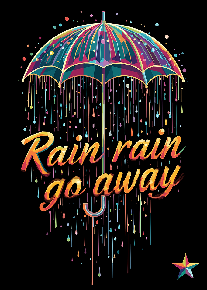 Colorful umbrella with rain text