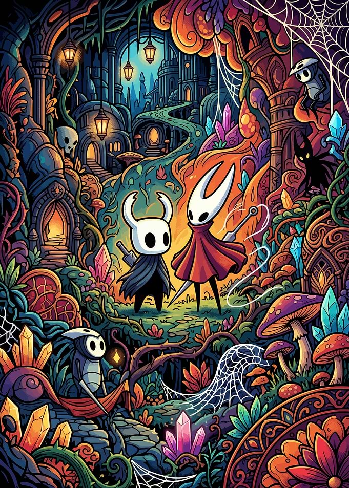 Hollow Knight Characters in a Crystal Cave