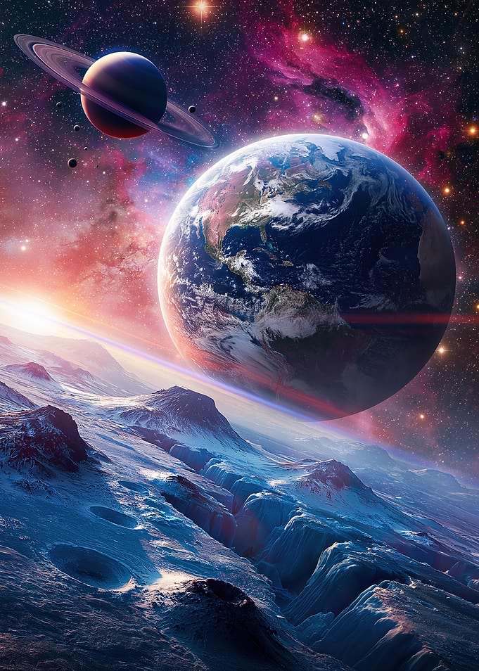 Alien Planet Landscape with Earth and Saturn