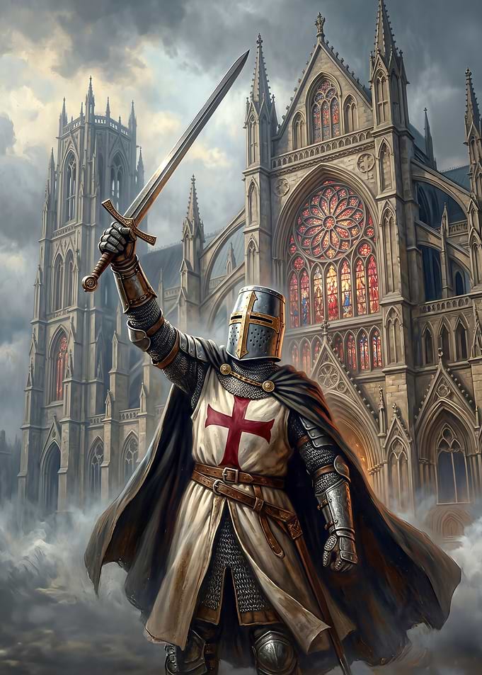 Knight with Sword Before Cathedral
