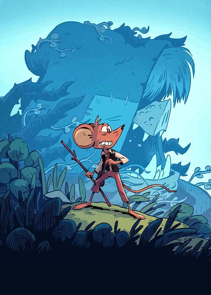 Mouse facing a monster in a forest