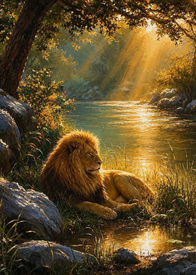 Lion resting by a sunlit river