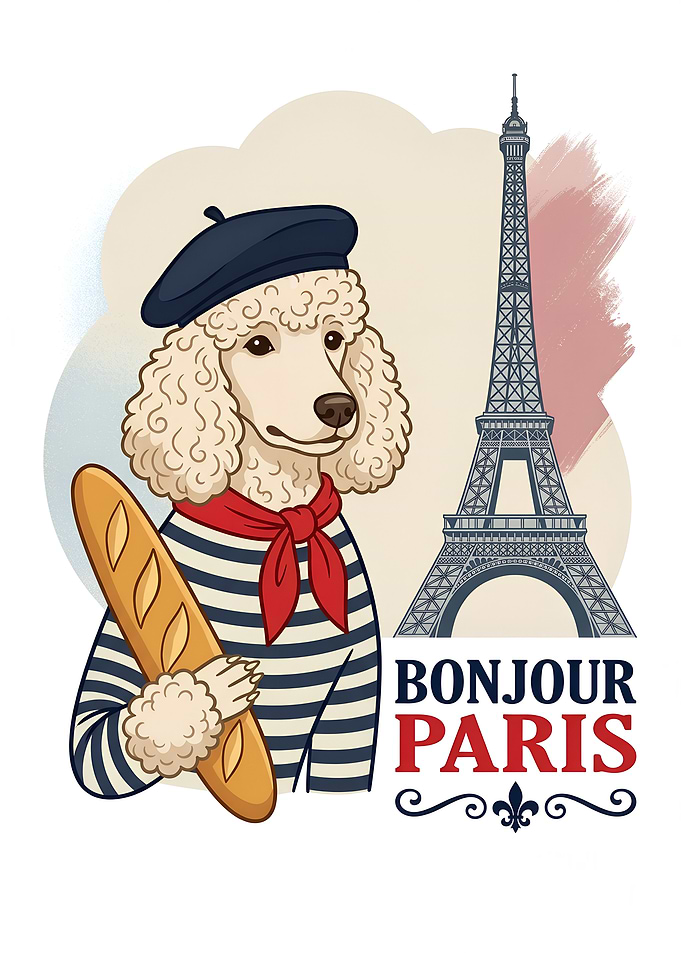 Poodle in Paris with Eiffel Tower
