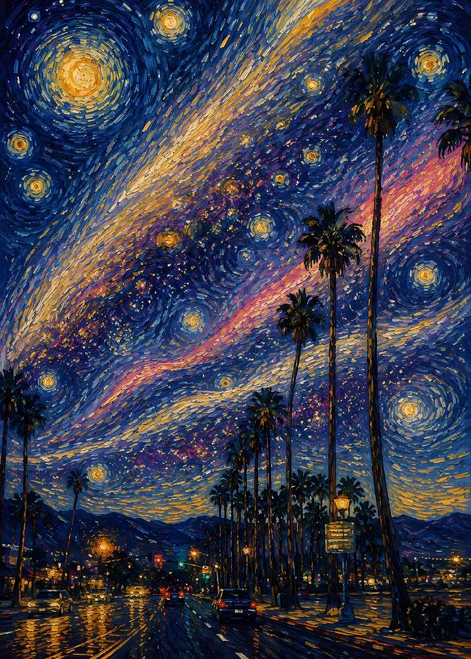 Starry Night Palm Tree Cityscape