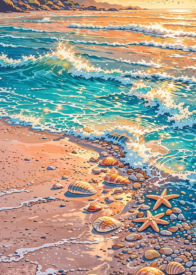Seashells and Starfish on a Beach at Sunset