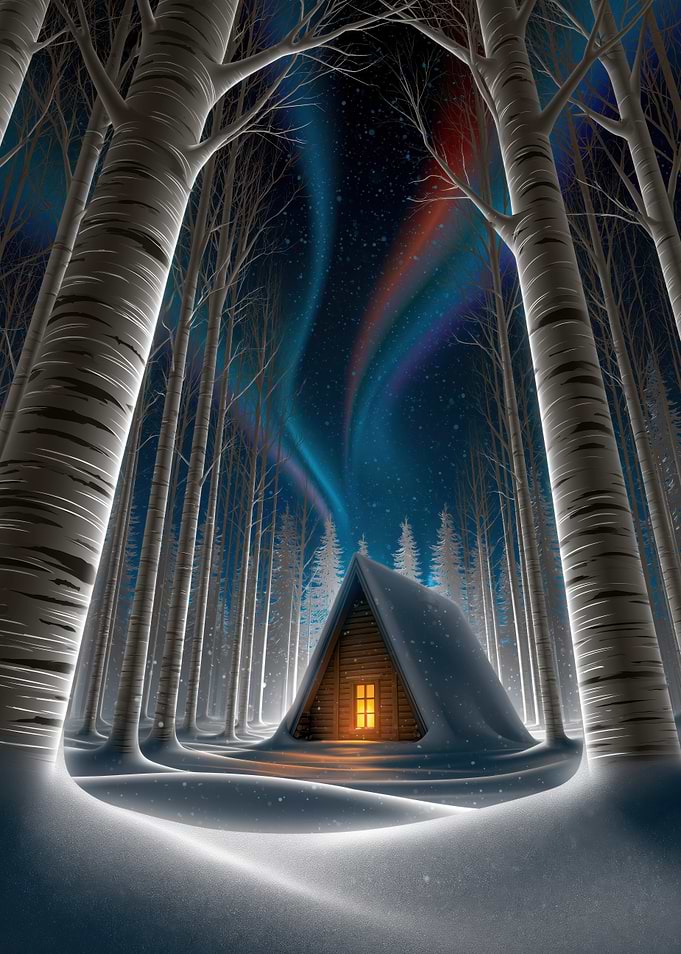 Cozy Cabin Under Aurora Borealis