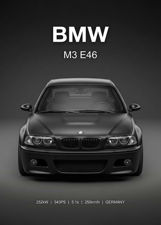 sleek black BMW evo E46 Matte car poster