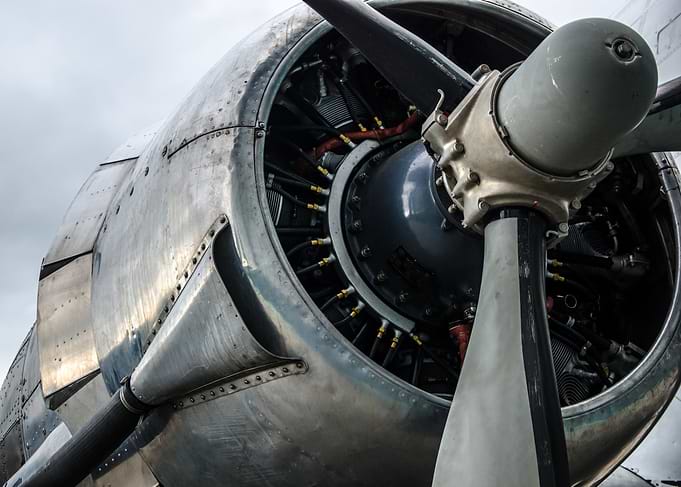 Close-up of an airplane engine and propeller