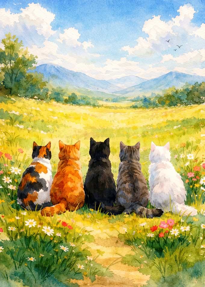 Five Cats Admiring a Landscape