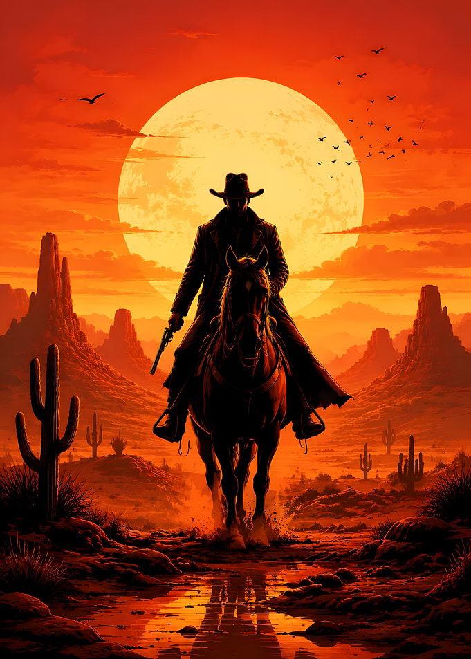 Cowboy Riding Horse in Desert Sunset