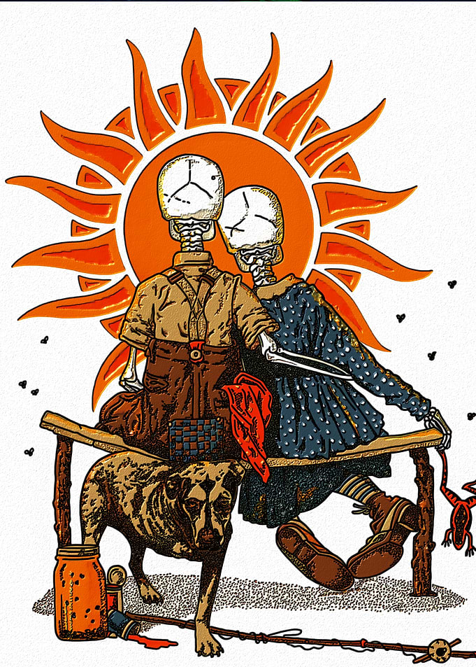 Skeleton Couple with Dog Under Sun