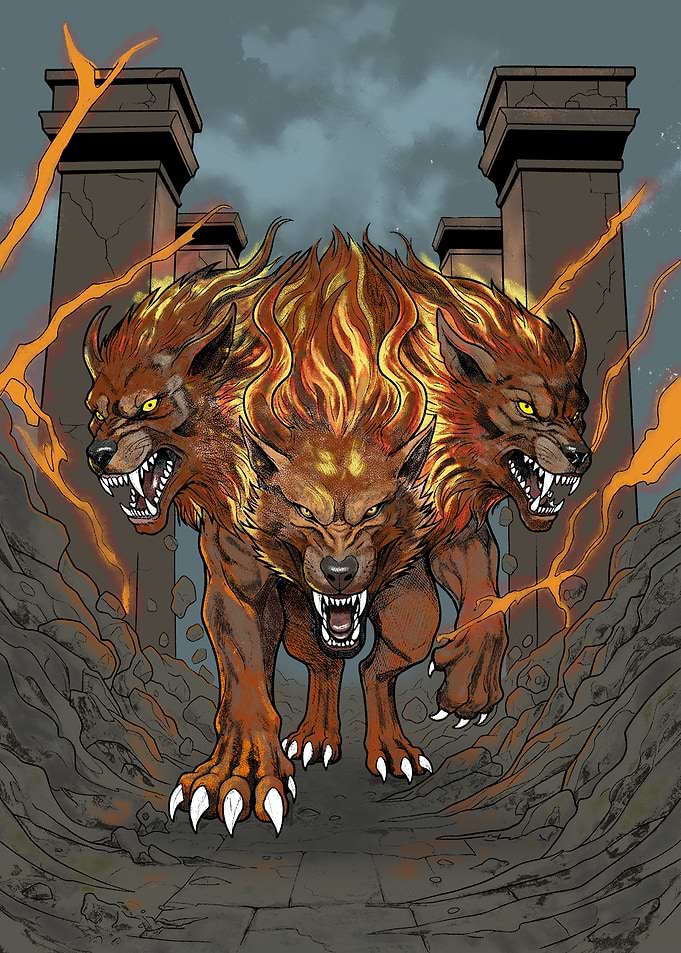 Three-headed fiery dog creature