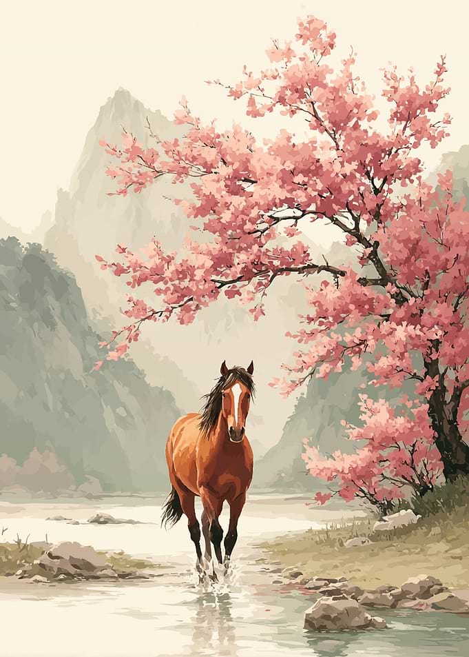 Horse in Cherry Blossom Landscape