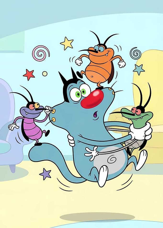 Oggy and the Cockroaches in a chaotic scene