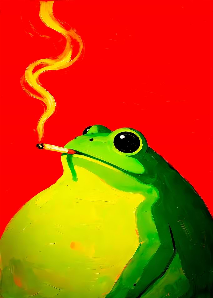Frog Smoking on Red Background