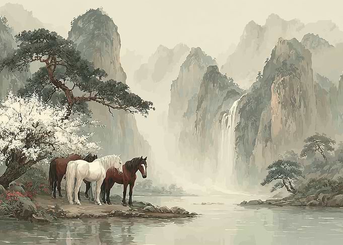 Horses by a Waterfall in a Misty Landscape