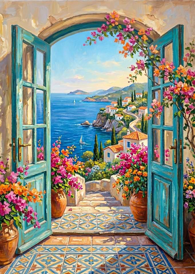 Mediterranean Balcony View with Flowers
