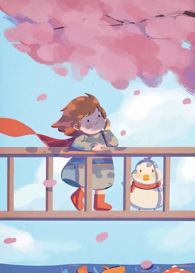 Girl and Duck Under Cherry Blossoms