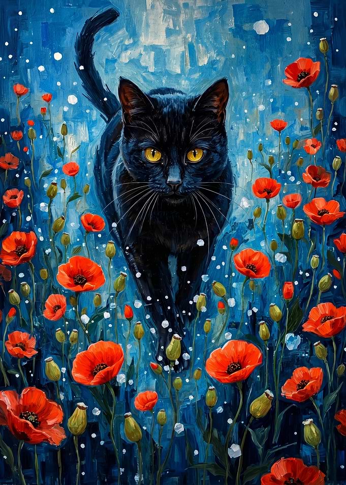 Black Cat in Poppy Field