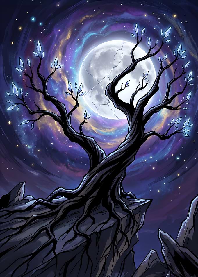 Mystic Crystal Tree Under Swirling Cosmic Moon