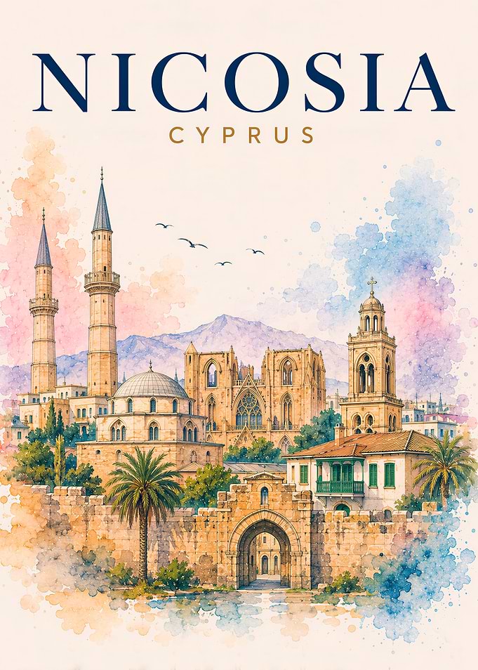 Nicosia Cyprus Watercolor Cityscape