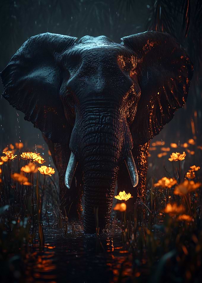Elephant in a field of flowers