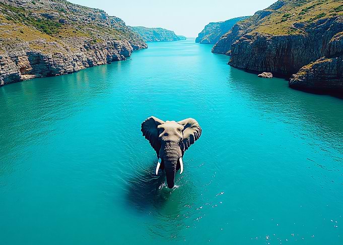 Elephant swimming in a turquoise river