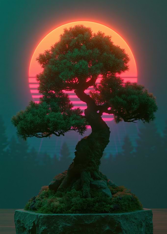 Bonsai Tree with Retro Sunset