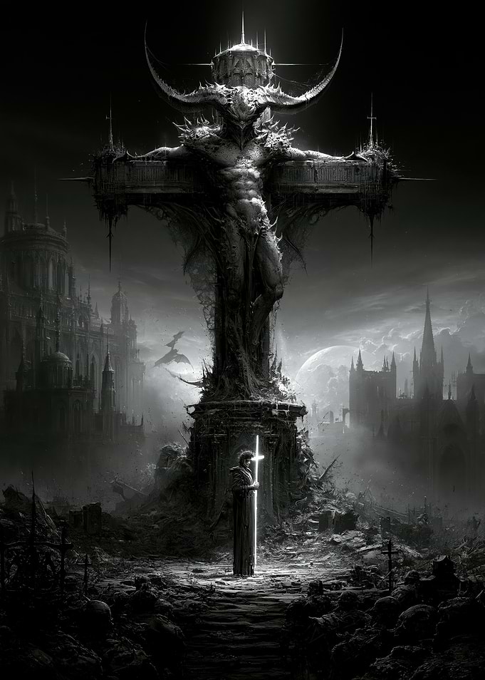 Demonic Crucifixion in Gothic Cityscape
