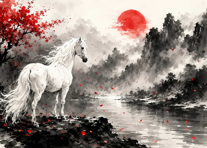 White Horse by Red Sun