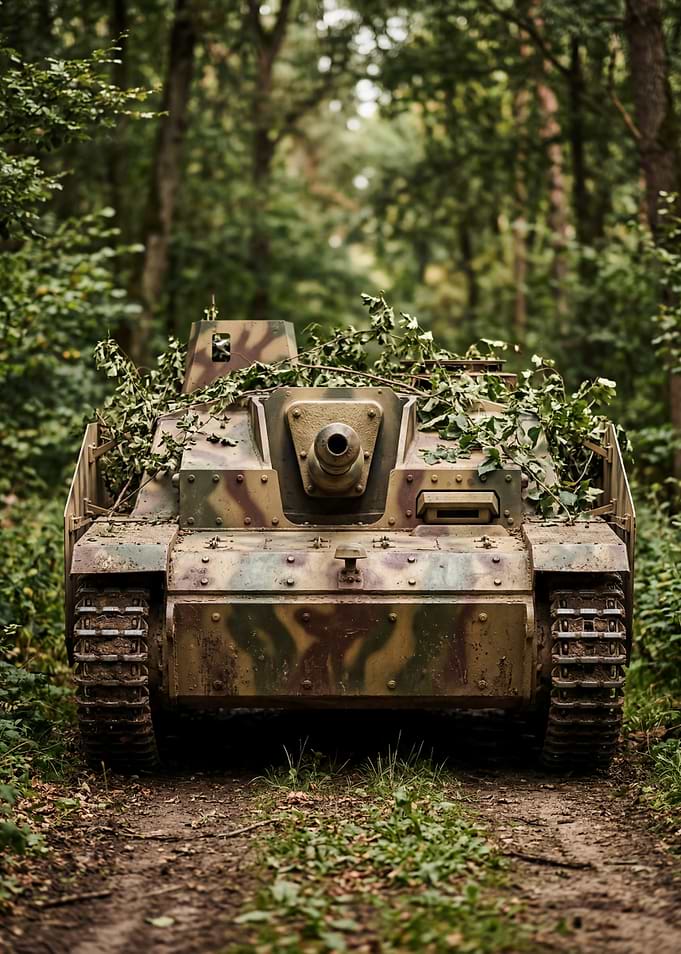 Camouflaged Tank in Forest