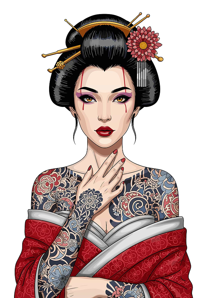 Tattooed Geisha with Red Kimono