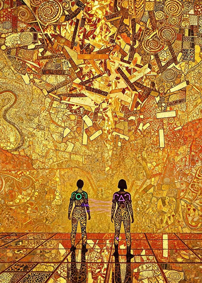 Futuristic figures against a golden mosaic