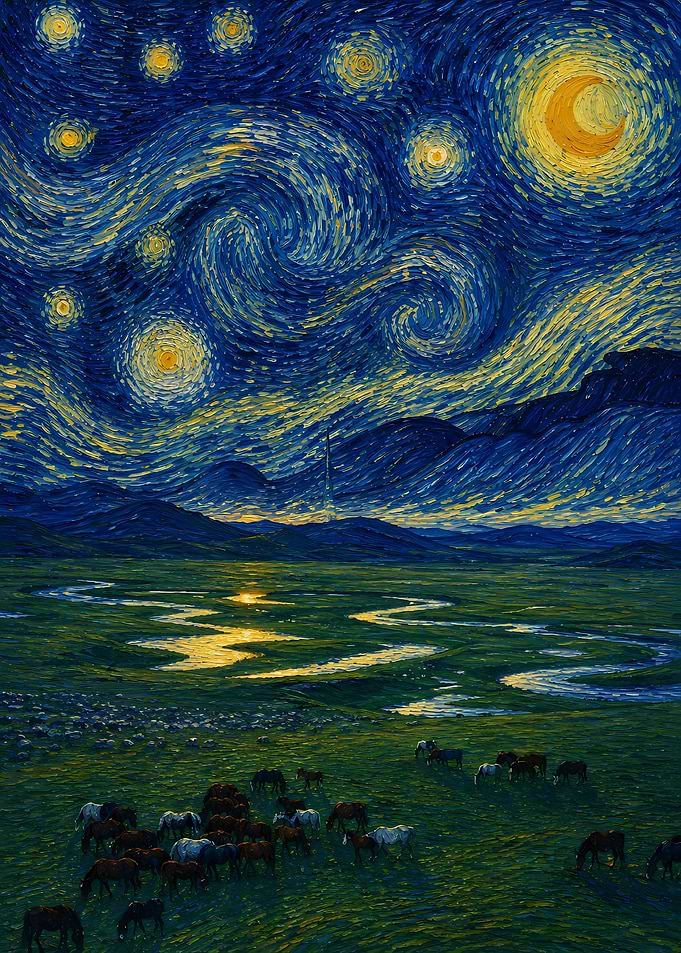 Starry Night Landscape with Horses