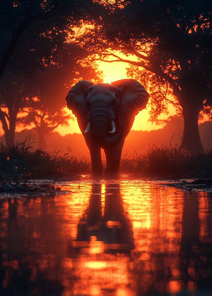 Elephant at Sunset Reflection