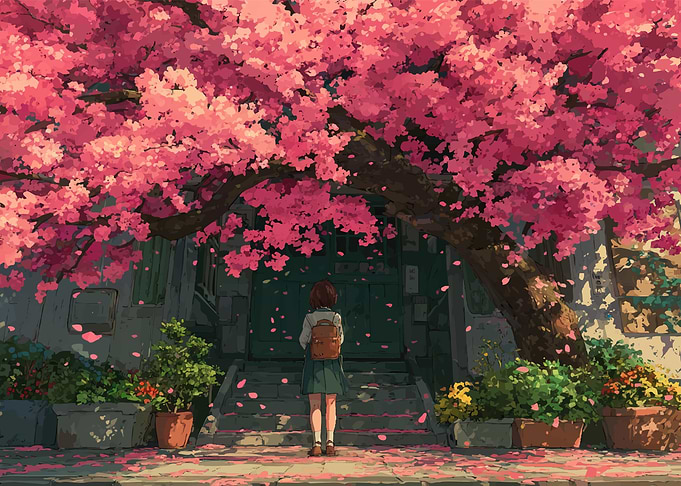 Girl under cherry blossoms