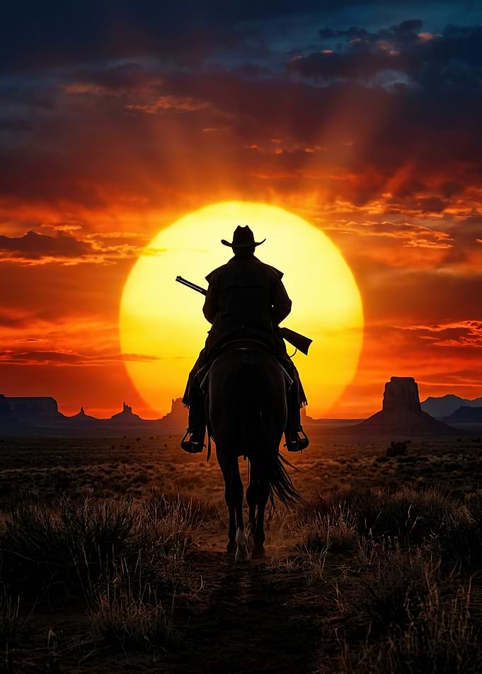 Cowboy riding horse at sunset