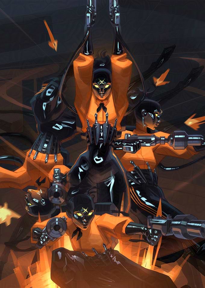 Cyberpunk Orange and Black Figures with Guns