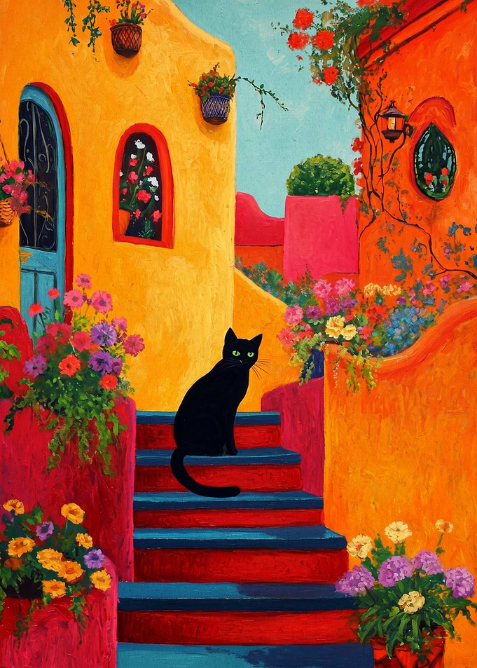 Black Cat on Colorful Stairs