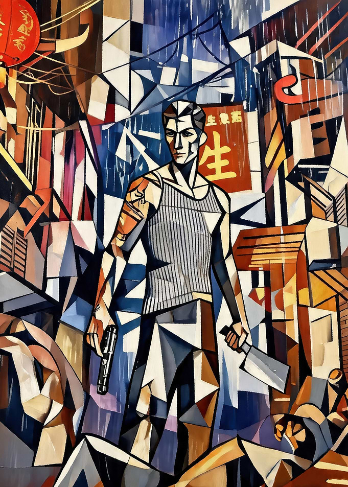 Man with weapons in a city