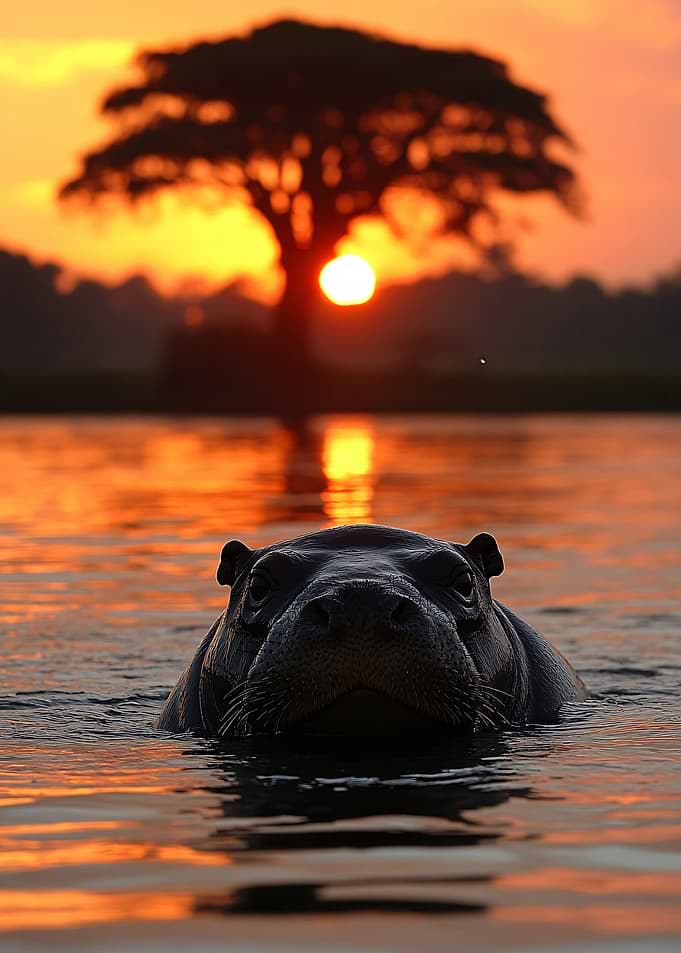 Hippopotamus in Water at Sunset