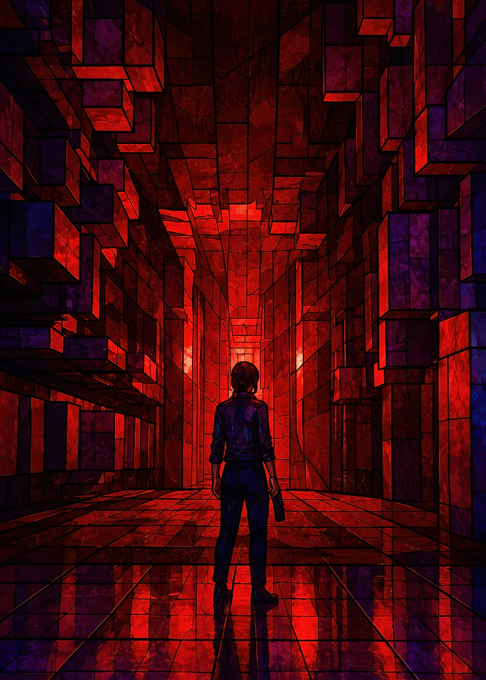 Woman in Red Geometric Hallway