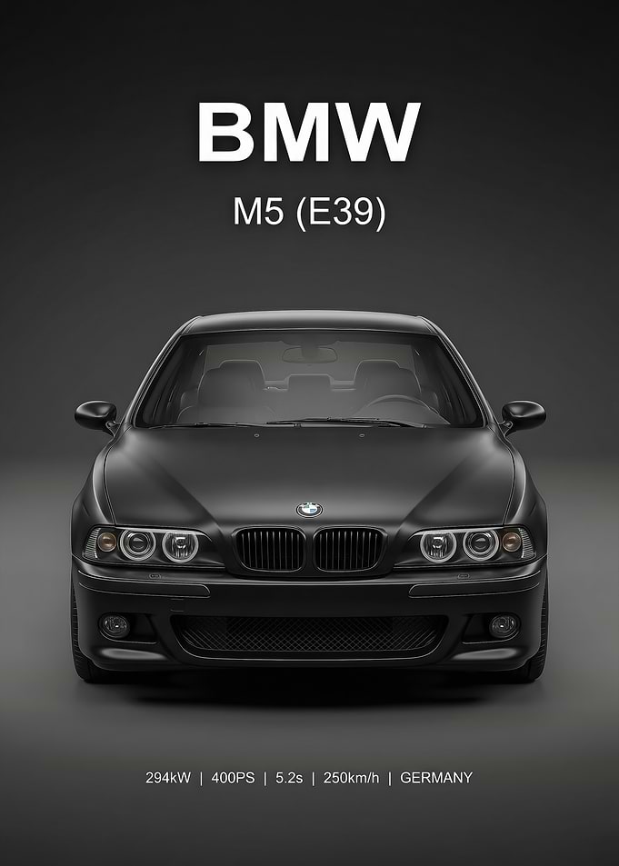 sleek black bmw evo e39 Front View car poster