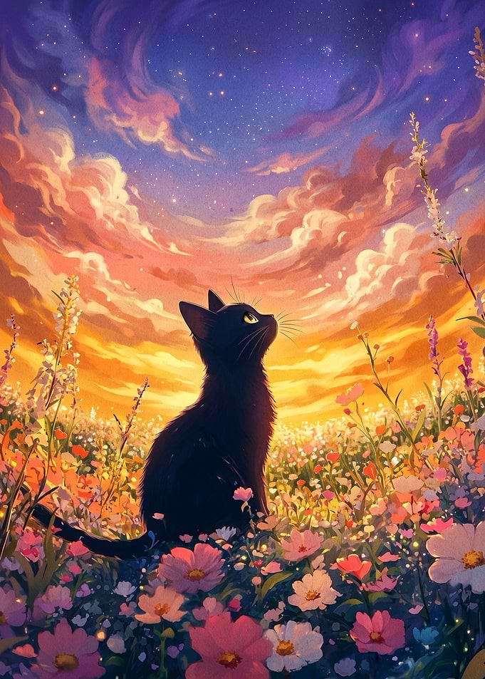 Black Cat in a Flower Field at Sunset