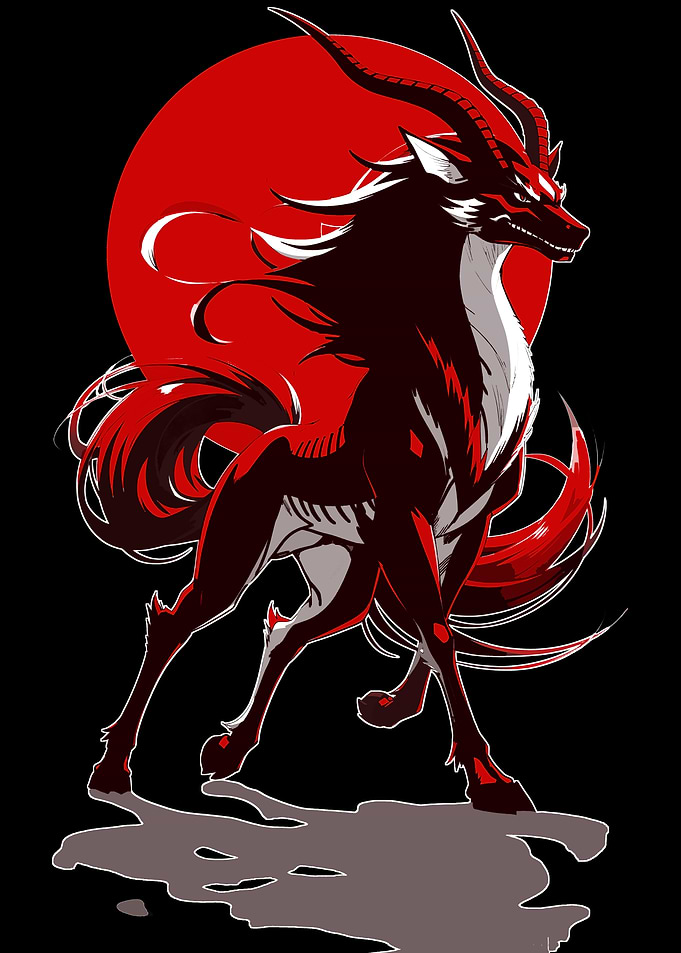 Dark Fantasy Creature with Red Moon