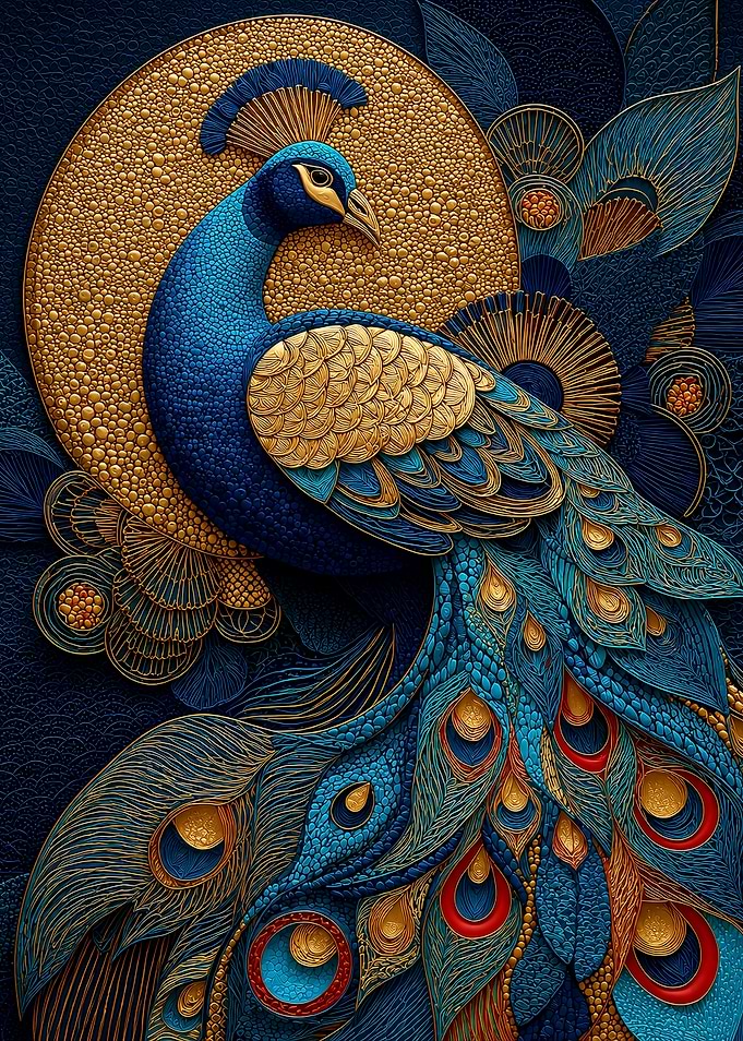 Intricate Peacock with Golden and Blue Details