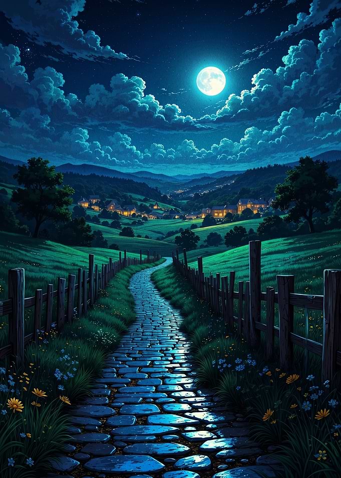 Moonlit Cobblestone Path Through Rolling Hills
